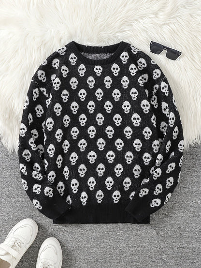 Unisex Pullover mit Totenkopfmuster Strick Rundhals Langarm Strickpullover