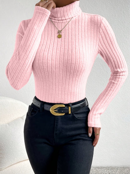 Damen Gerippter Rollkragenpullover Langarm Oberteil