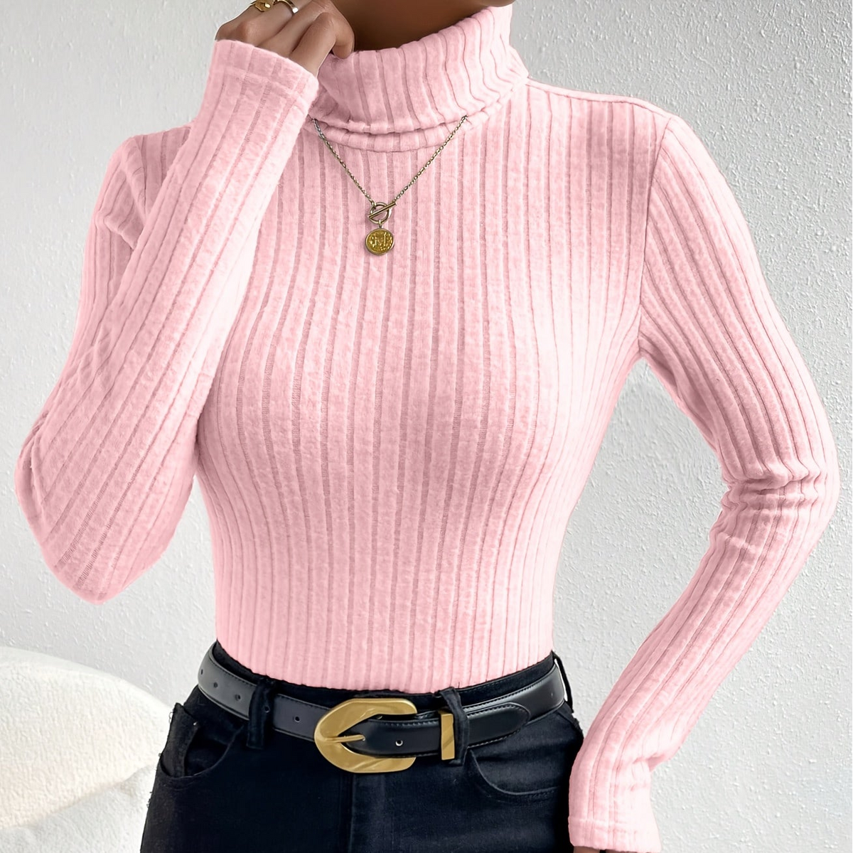 Damen Gerippter Rollkragenpullover Langarm Oberteil