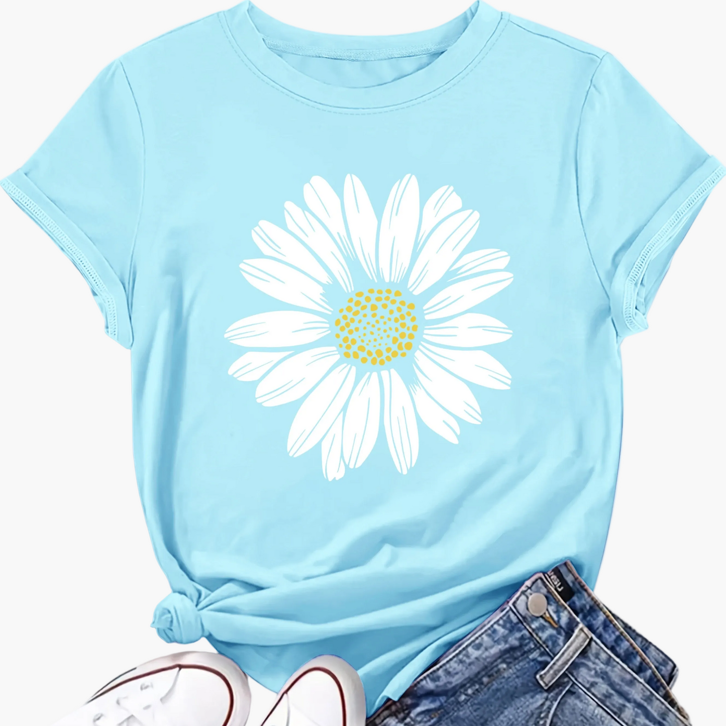 Damen T-Shirt mit Gänseblümchen-Print – Lässiges Sommer Oberteil im Boho-Stil