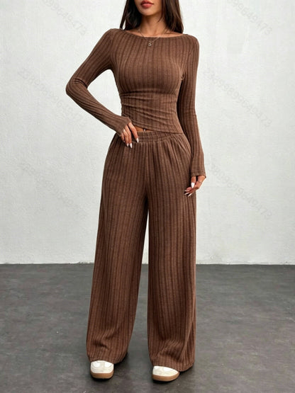 Damen Rippstrick-Set mit langärmligem Crop-Top und weiten Hosen, Grau