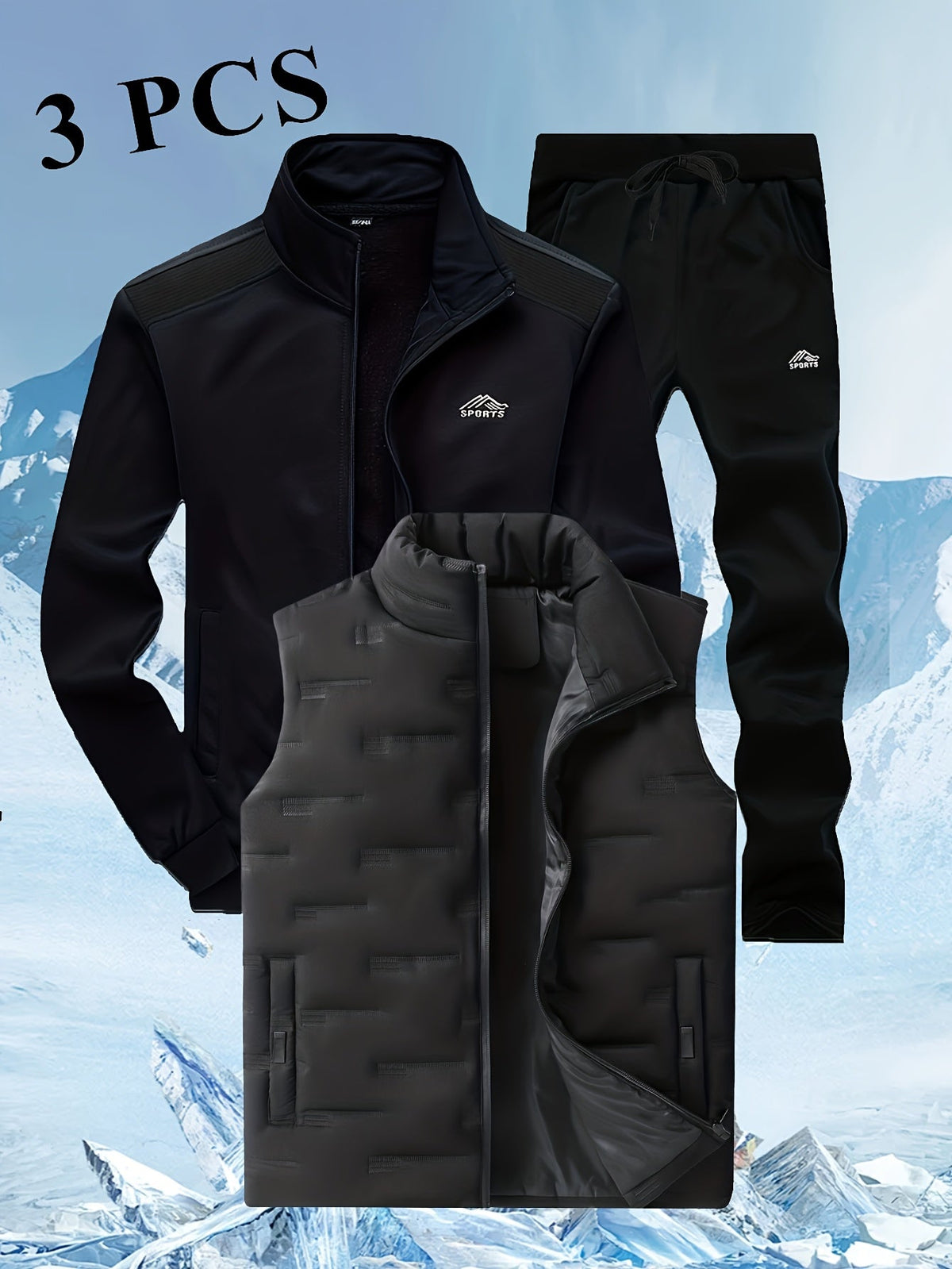 Herren 3-teiliger Sportanzug mit Stehkragen Jacke, Jogginghose & Steppweste