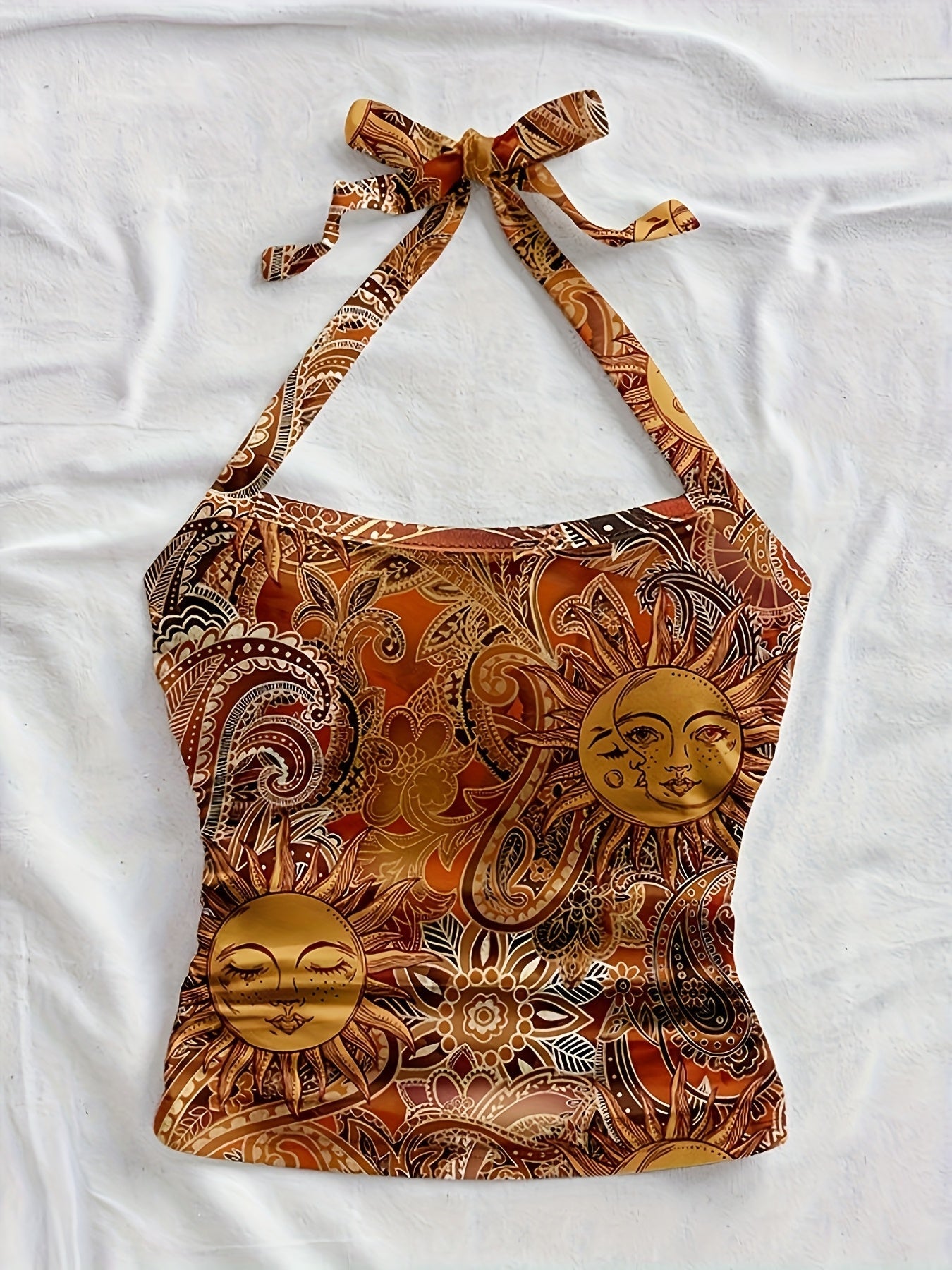 Damen Vintage Halterneck Top mit Sonnen- und Mond-Print – Sommer Boho Style
