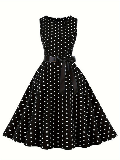 Damen Vintage Polka Dot Rockabilly Kleid mit Gürtel – Elegantes Retro Partykleid