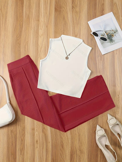 Damen Elegantes Set – Ärmelloses Oberteil mit Stehkragen und Weite Hose, Perfekt für Büro & Freizeit