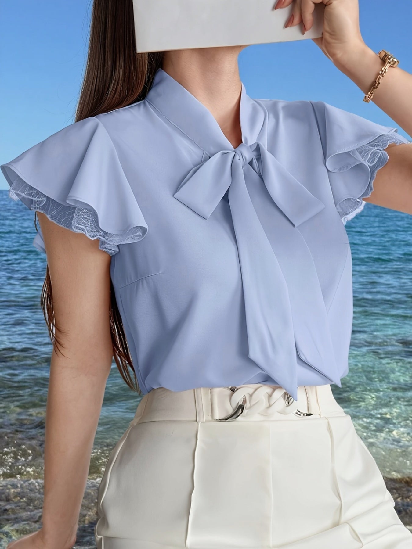 Damen Bluse mit Schmetterlingsärmeln und Schleifenkragen – Eleganter Business- und Freizeitstil