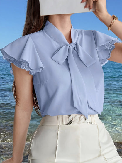 Damen Bluse mit Schmetterlingsärmeln und Schleifenkragen – Eleganter Business- und Freizeitstil