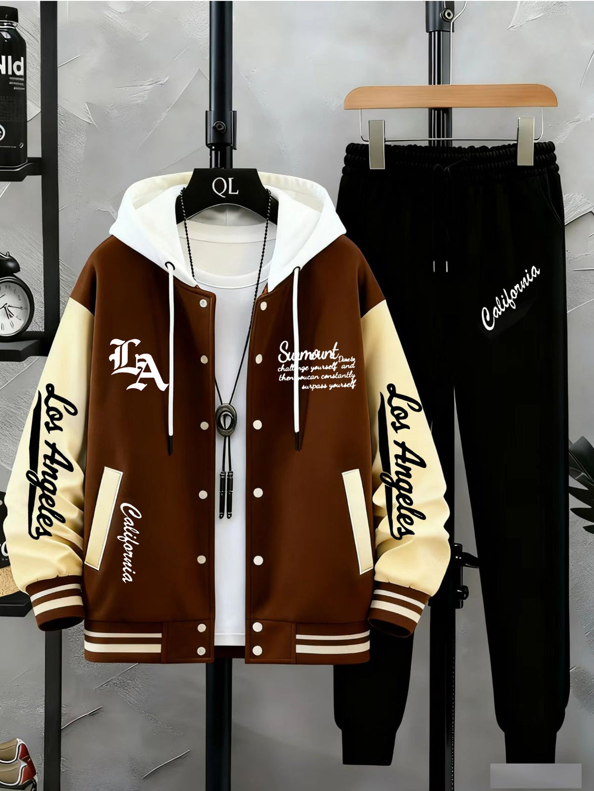 Baseballjacke und Trainingshose Set für Herren - Sportanzug mit "Los Angeles" Schriftzug