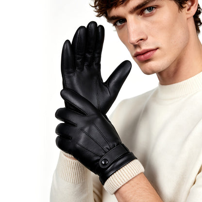 Unisex Winterhandschuhe Schwarz mit Strickbündchen, Thermofutter & Riemen-Detail