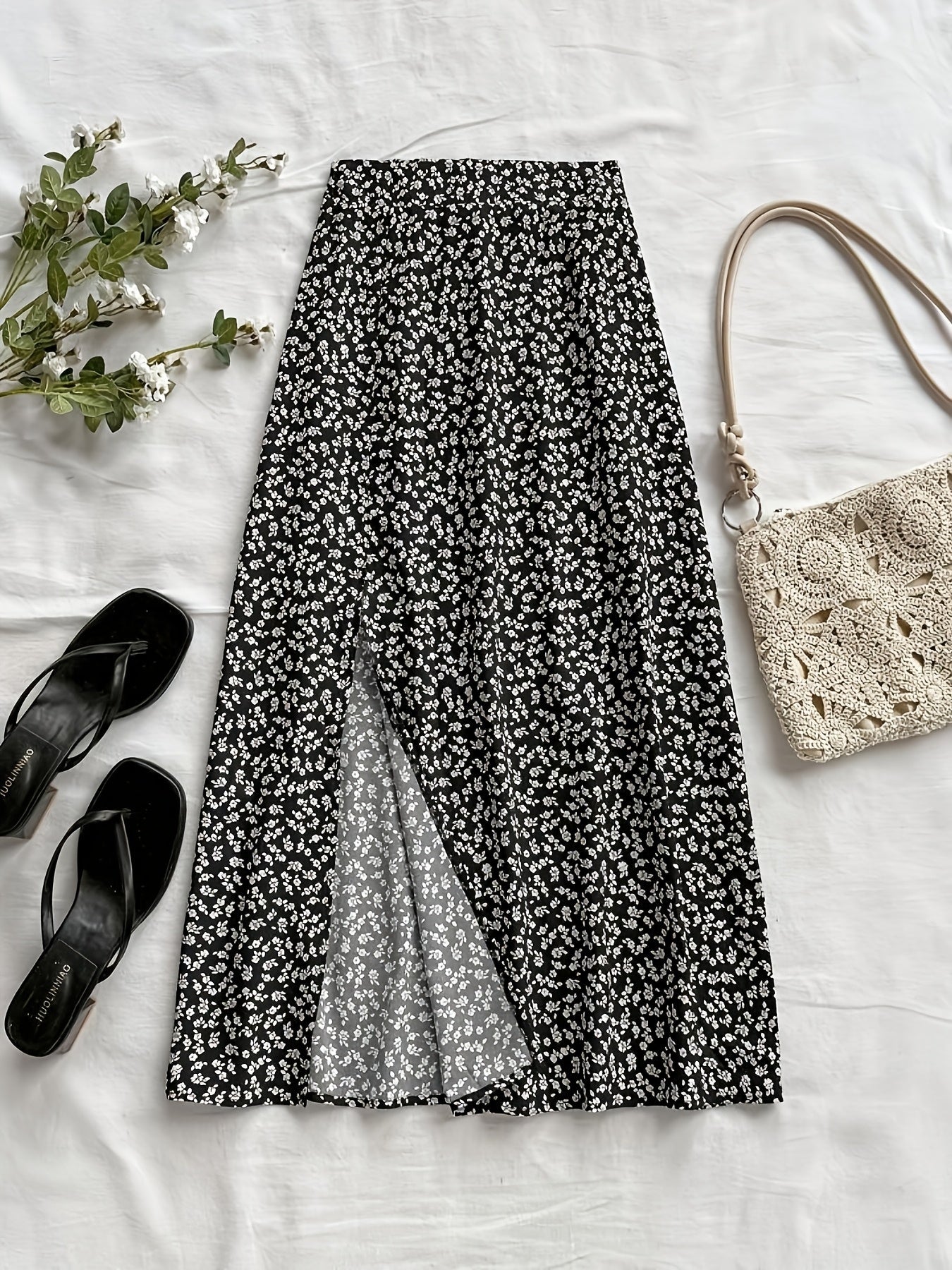 Damen Midirock mit Blumenmuster und Schlitz – Eleganter Freizeit- und Alltagsrock