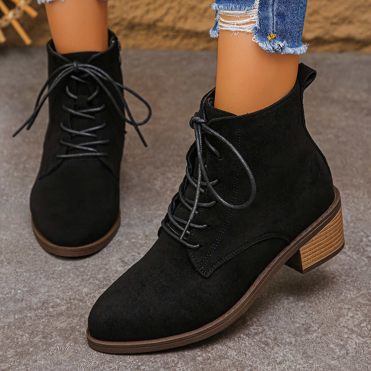 Damen Schnürstiefelette mit seitlichem Reißverschluss und Blockabsatz