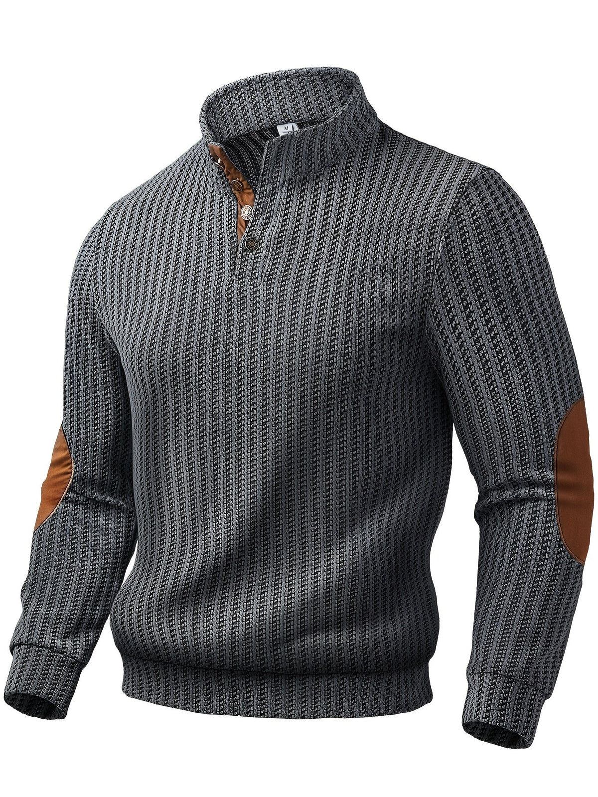 Herren Strickpullover Stehkragen Halbknopfleiste Ellbogen-Patches
