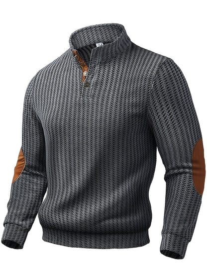 Herren Strickpullover Stehkragen Halbknopfleiste Ellbogen-Patches