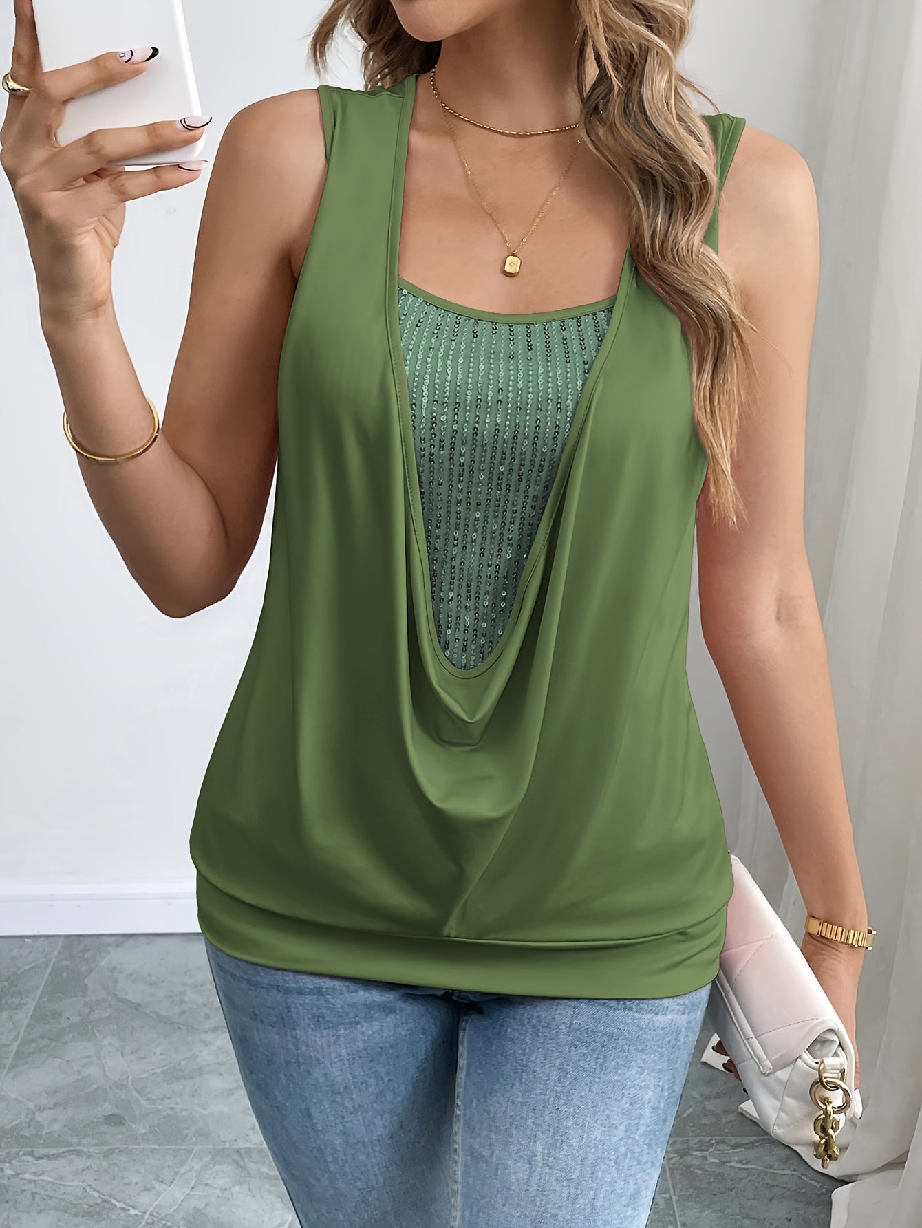 Damen Elegantes Ärmelloses Layered Top mit Wasserfallausschnitt – Modisches Oberteil für Alltag und Freizeit