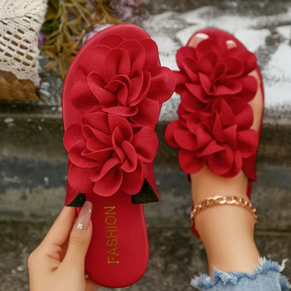 Damen Sandalen mit großer Blumenapplikation – Modische Slide-Slipper für Freizeit und Alltag
