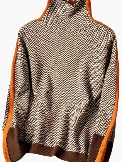 Damen Eleganter Strickpullover mit Stehkragen und modernem Patchwork-Muster – Herbst/Winter Freizeit & Büro