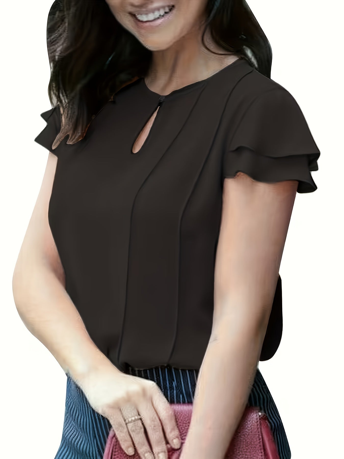Damen Elegante Bluse mit Volantärmeln und Keyhole-Ausschnitt – Stilvolle Sommermode für Büro und Freizeit
