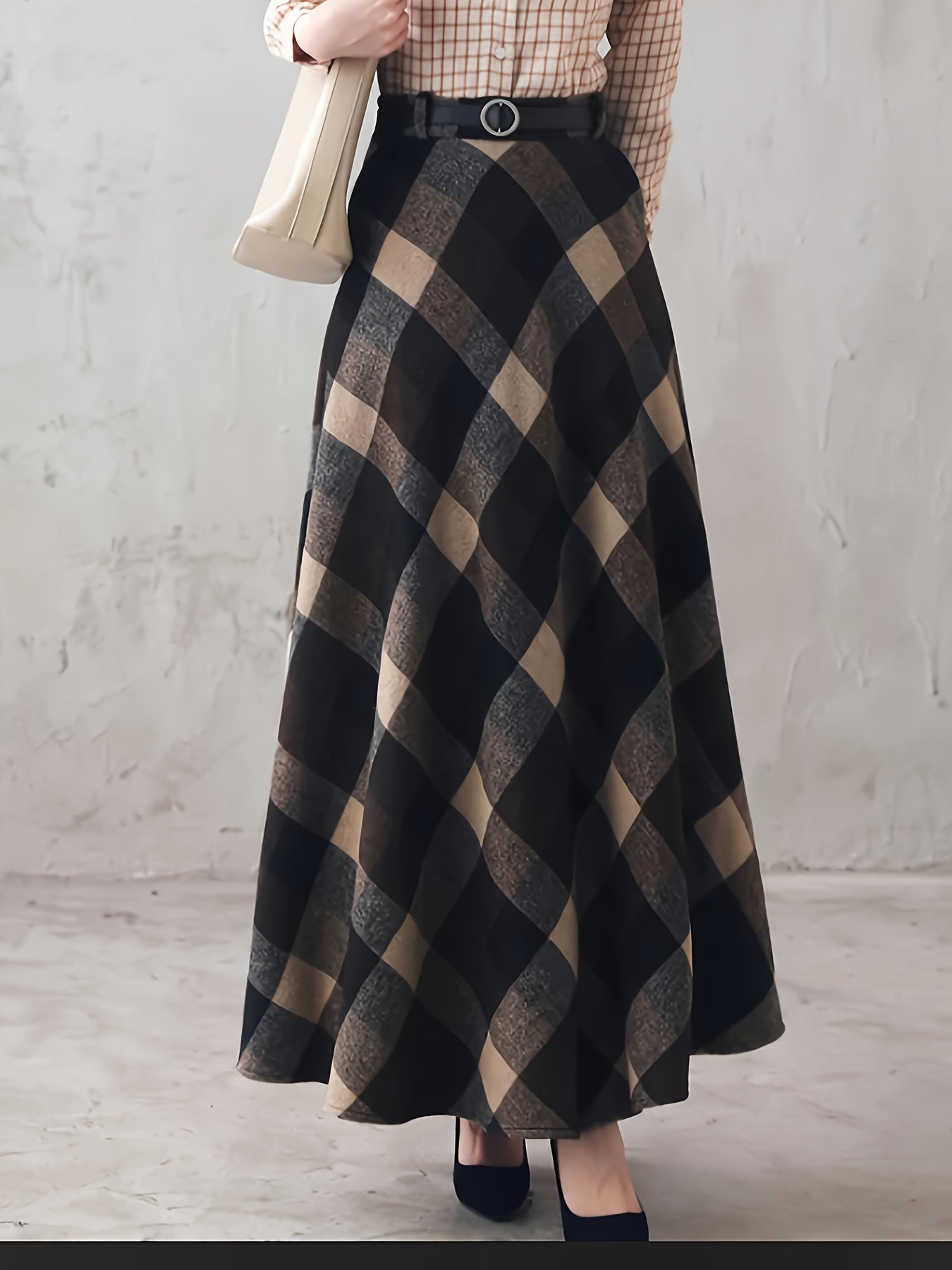 Maxirock Damen kariert Plaid A-Linie Grau Schwarz Weiß Midi