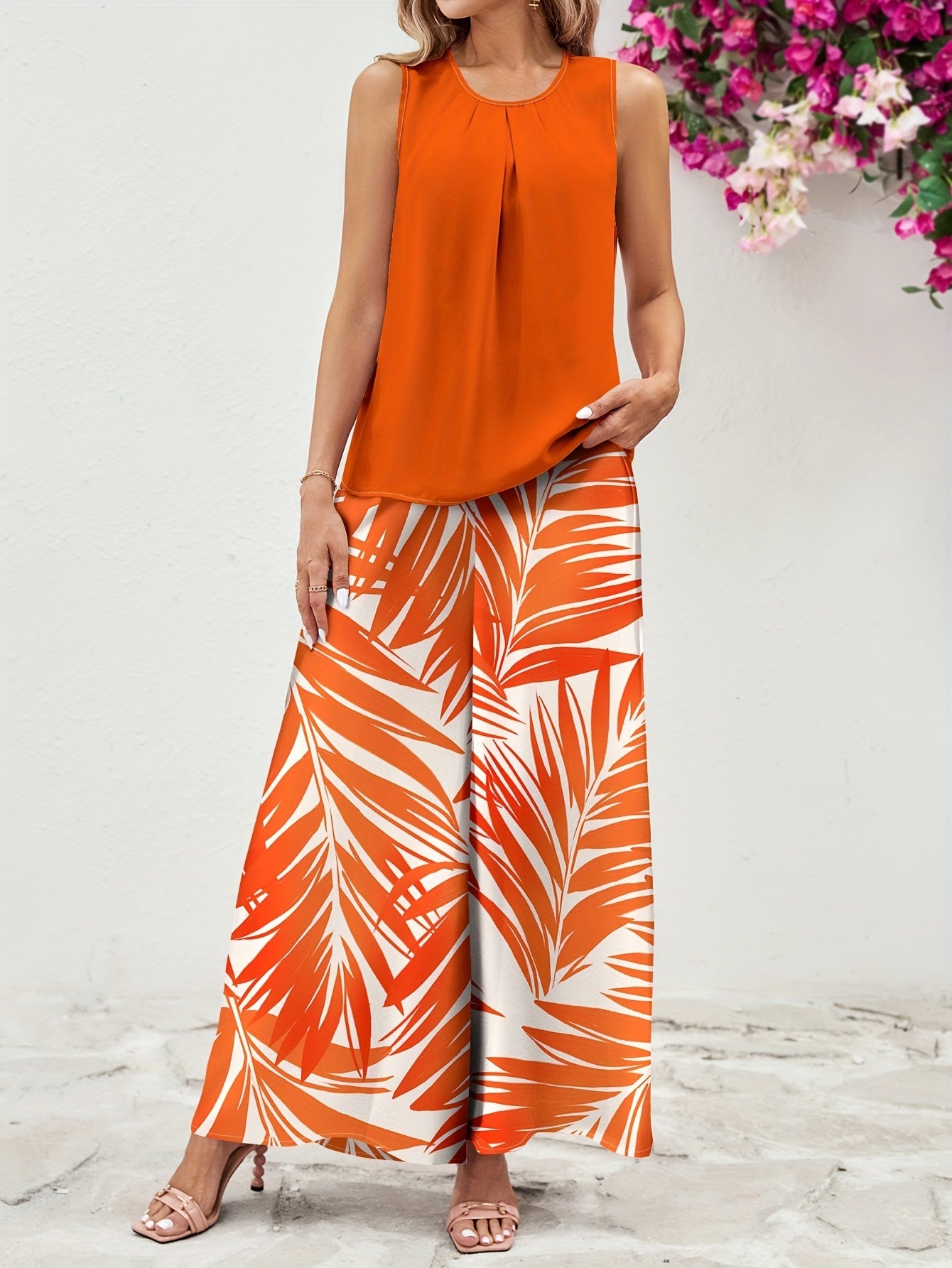 Damen Sommer Palazzo Set – Ärmelloses Top und weite Hose mit tropischem Print, lässig und elegant