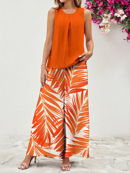Damen Sommer Palazzo Set – Ärmelloses Top und weite Hose mit tropischem Print, lässig und elegant