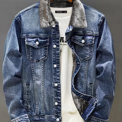 Jeansjacke Herren gefüttert Hellblau Teddyfell Kragen