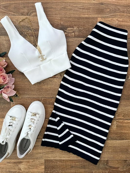 Damen Set – Modisches Crop Top und Gestreifter Midirock, City Chic Outfit