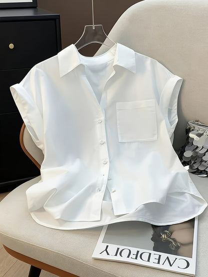 Damen Oversize Bluse mit Hemdkragen und Brusttasche – Eleganter, Ärmeloser Stil für Büro und Freizeit