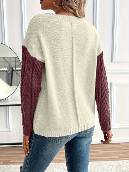 Damen Patchwork Strickpullover mit Rundhalsausschnitt und Zopfmuster
