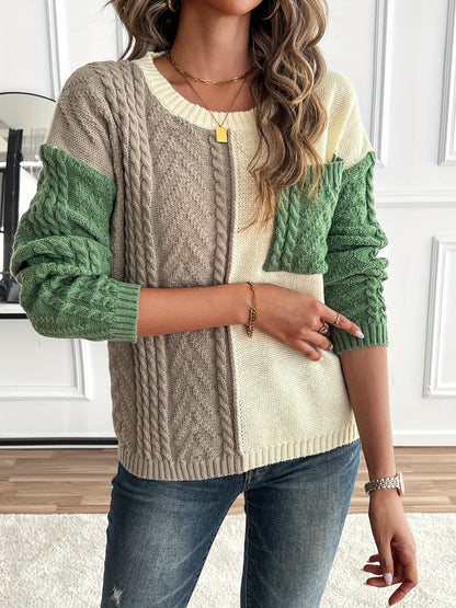 Damen Patchwork Strickpullover mit Rundhalsausschnitt und Zopfmuster