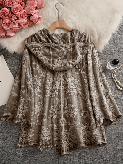 Damen Bluse Langarm mit Kapuze, Besticktes Blumenmuster, Knopfleiste