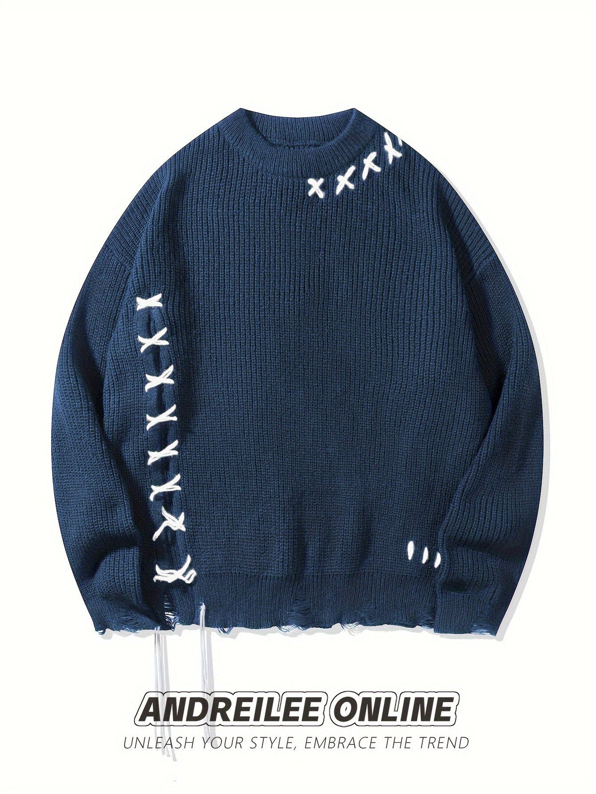 Unisex Strickpullover mit Kreuzstich-Details und Used-Look, Rundhals