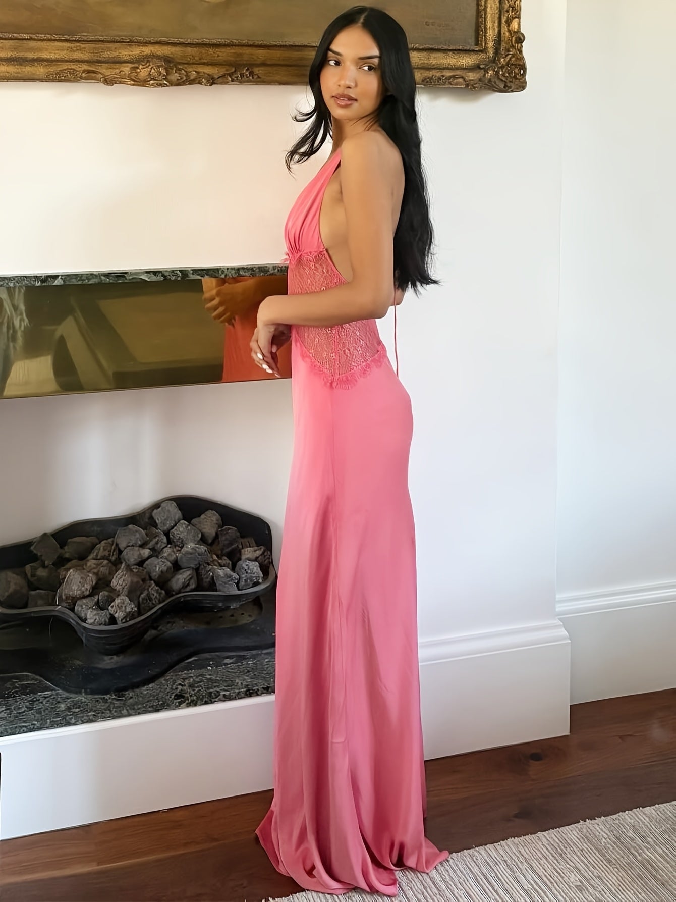 Damen Abendkleid im eleganten Fit & Flare Stil mit tiefem V-Ausschnitt und Spitzenakzent – Perfekt für festliche Anlässe