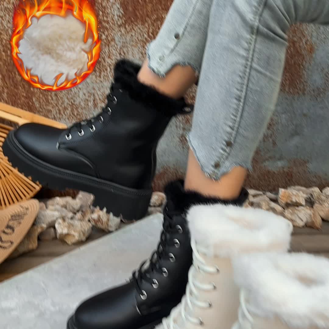 Damen Schnürstiefel mit Kunstfellbesatz und Profilsohle