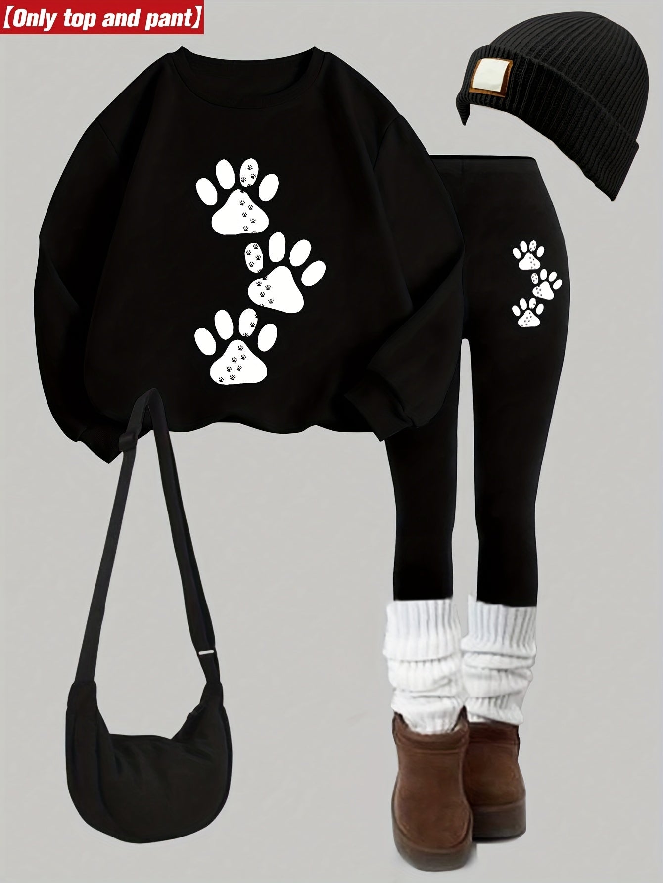 Damen Sweatshirt & Leggings Set mit Pfotenabdruck-Print, Langarm Oberteil und Hose
