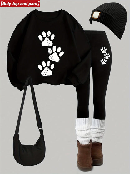 Damen Sweatshirt & Leggings Set mit Pfotenabdruck-Print, Langarm Oberteil und Hose