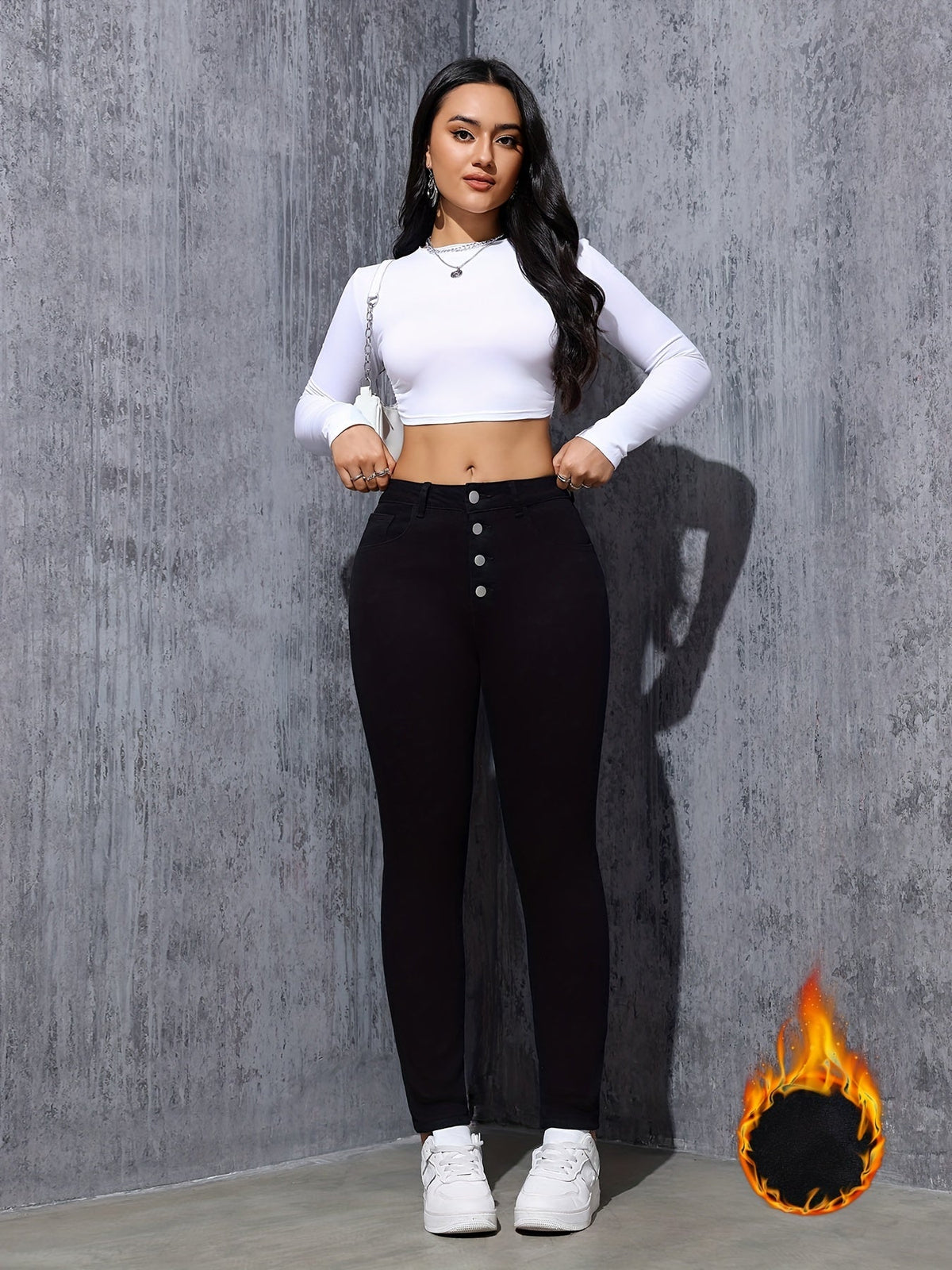 Damen Jeggings Schwarz Hoher Bund Knopfleiste