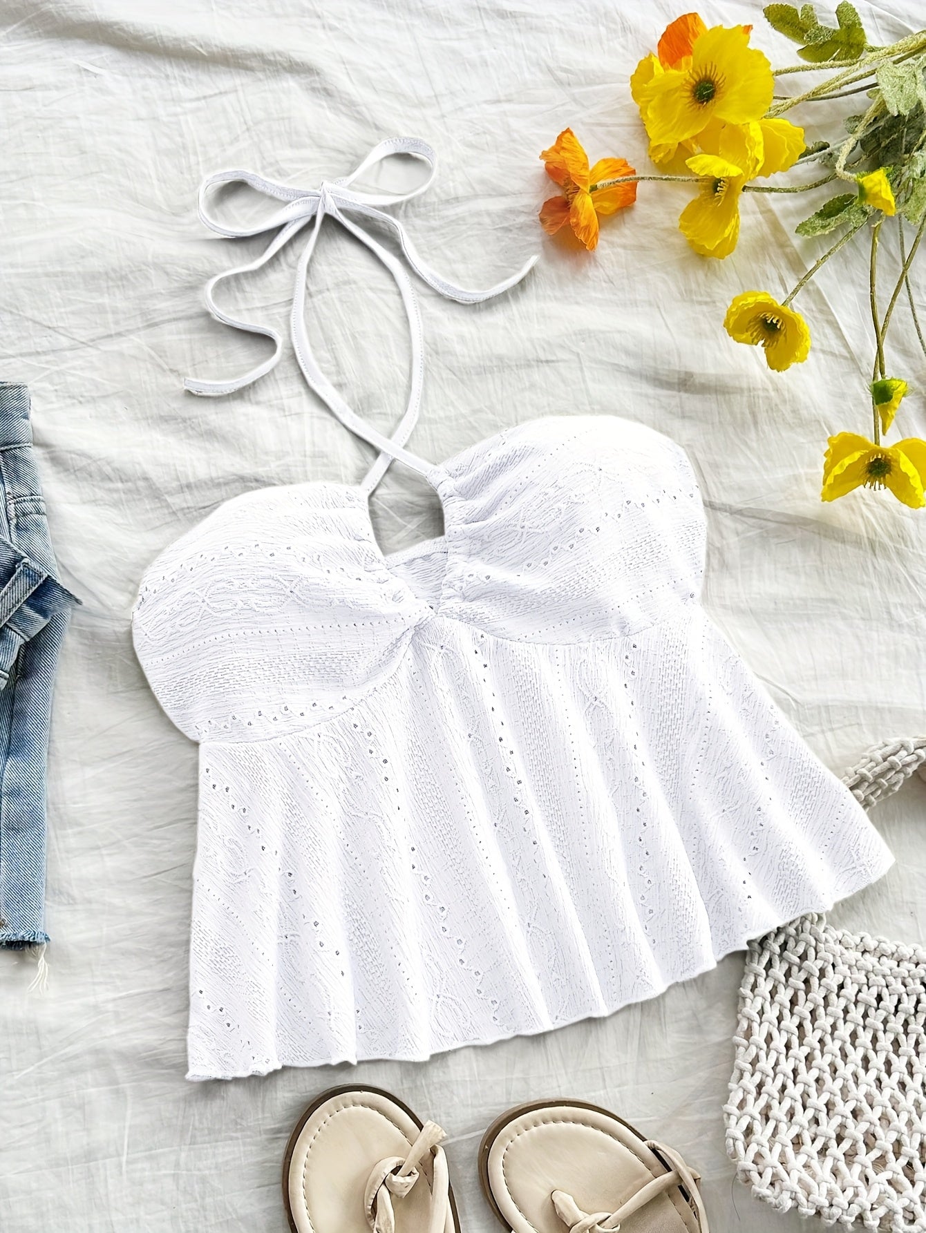 Damen Halter Babydoll Top mit Stickerei und Vintage-Charme – Verspieltes Sommertop