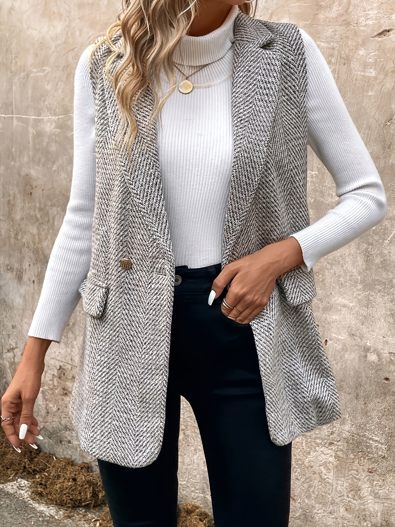 Damen Weste Fischgrätmuster Lang Elegant Ärmellos Grau Weiß