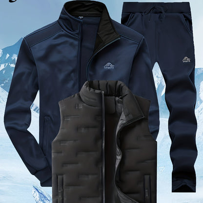 Herren 3-teiliger Sportanzug mit Stehkragen Jacke, Jogginghose & Steppweste