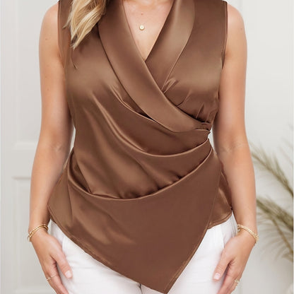 Damen Wickelbluse Elegant Ärmellos Asymmetrisch für Büro und Freizeit