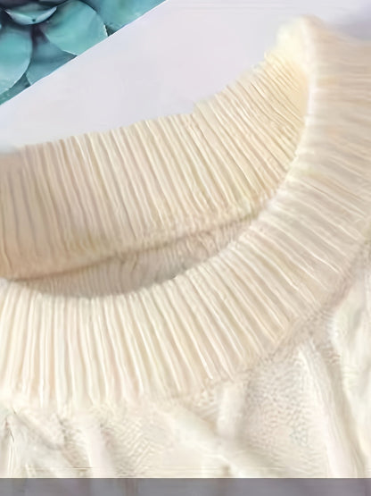 Cremefarbener Grobstrick Pullover mit Rundhalsausschnitt und gemustertem Saum