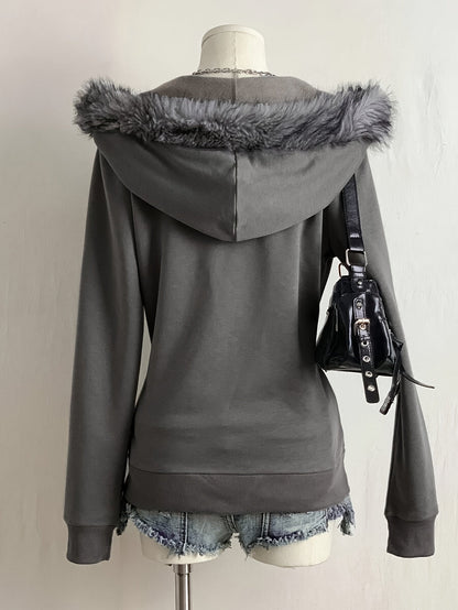 Damen Hoodie mit Reißverschluss, Kunstfellkapuze und Verzierungen, Dunkelgrau