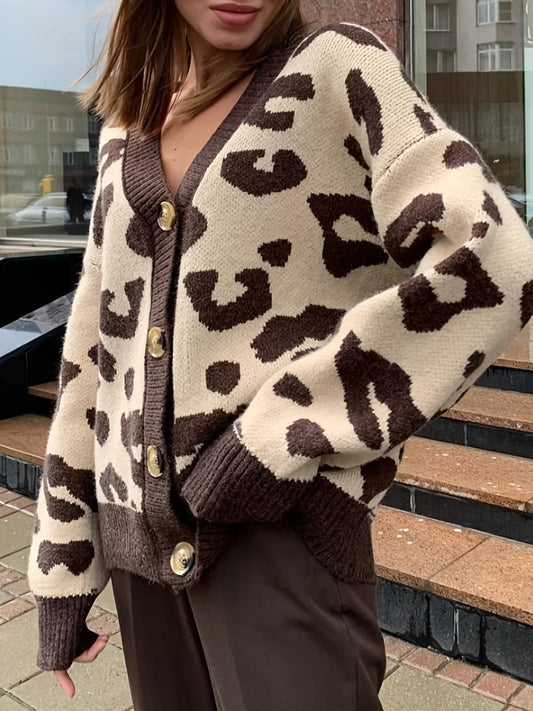 Damen Cardigan Strickjacke mit Leopardenmuster V-Ausschnitt Knopfleiste
