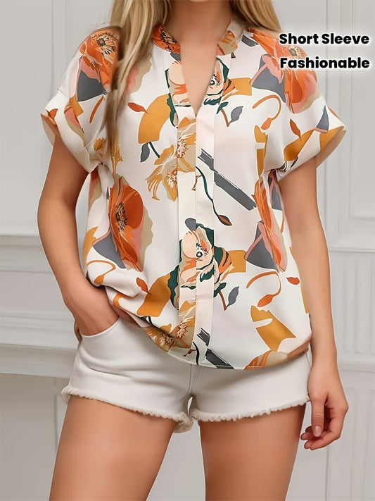 Damen Kurzarm Bluse Modisch mit Blumenmuster – Elegante Freizeitmode