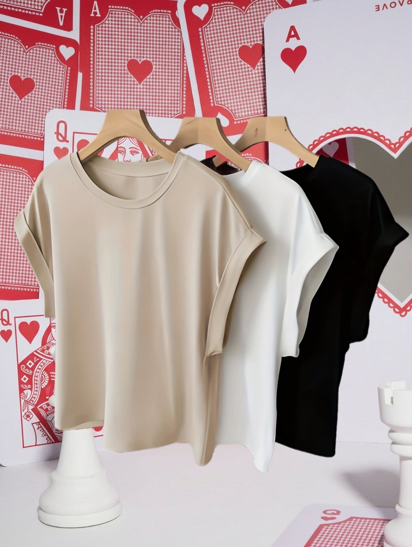 Damen Basic T-Shirt mit Aufschlagärmeln – Moderner Freizeitstil für Alltag und Büro
