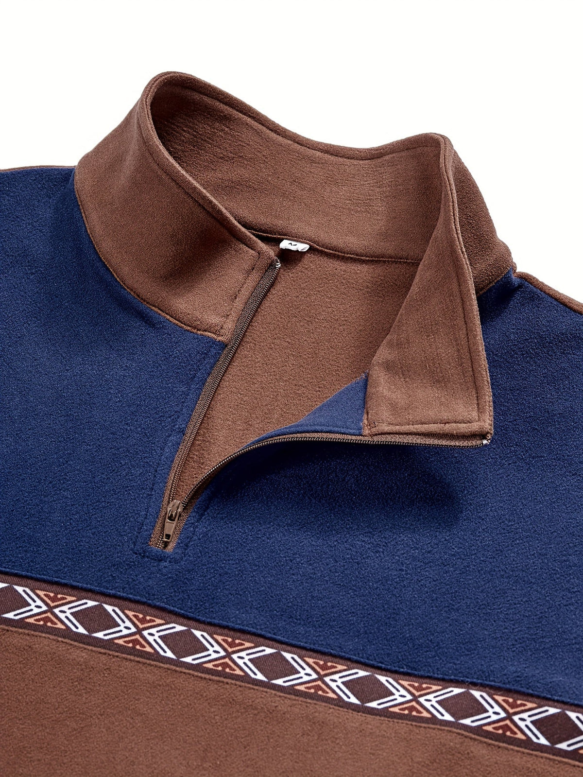 Herren Halb-Reißverschluss Pullover Braun Blau mit Ethno-Muster Stehkragen