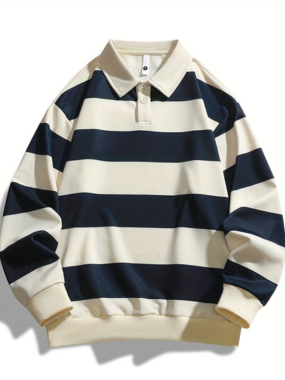 Unisex Langarm Poloshirt gestreift mit Kragen und Knopfleiste