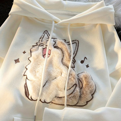 Hoodie Damen Beige mit flauschigem Katzenmotiv und Kapuze