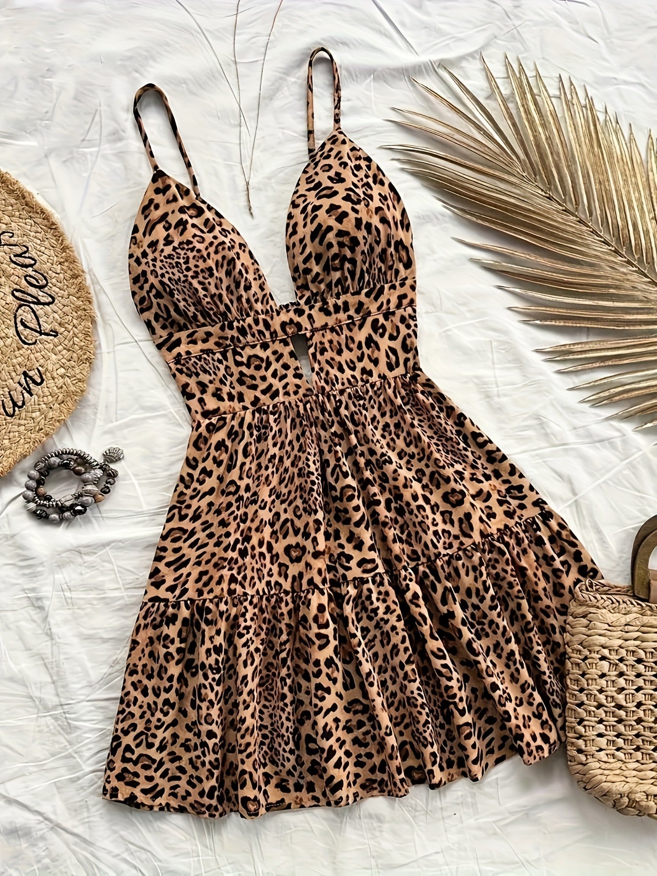 Damen Leopard Print Ärmelloses Mini Kleid mit Stufenrock – Sommer, Urlaub, Strand, Freizeit