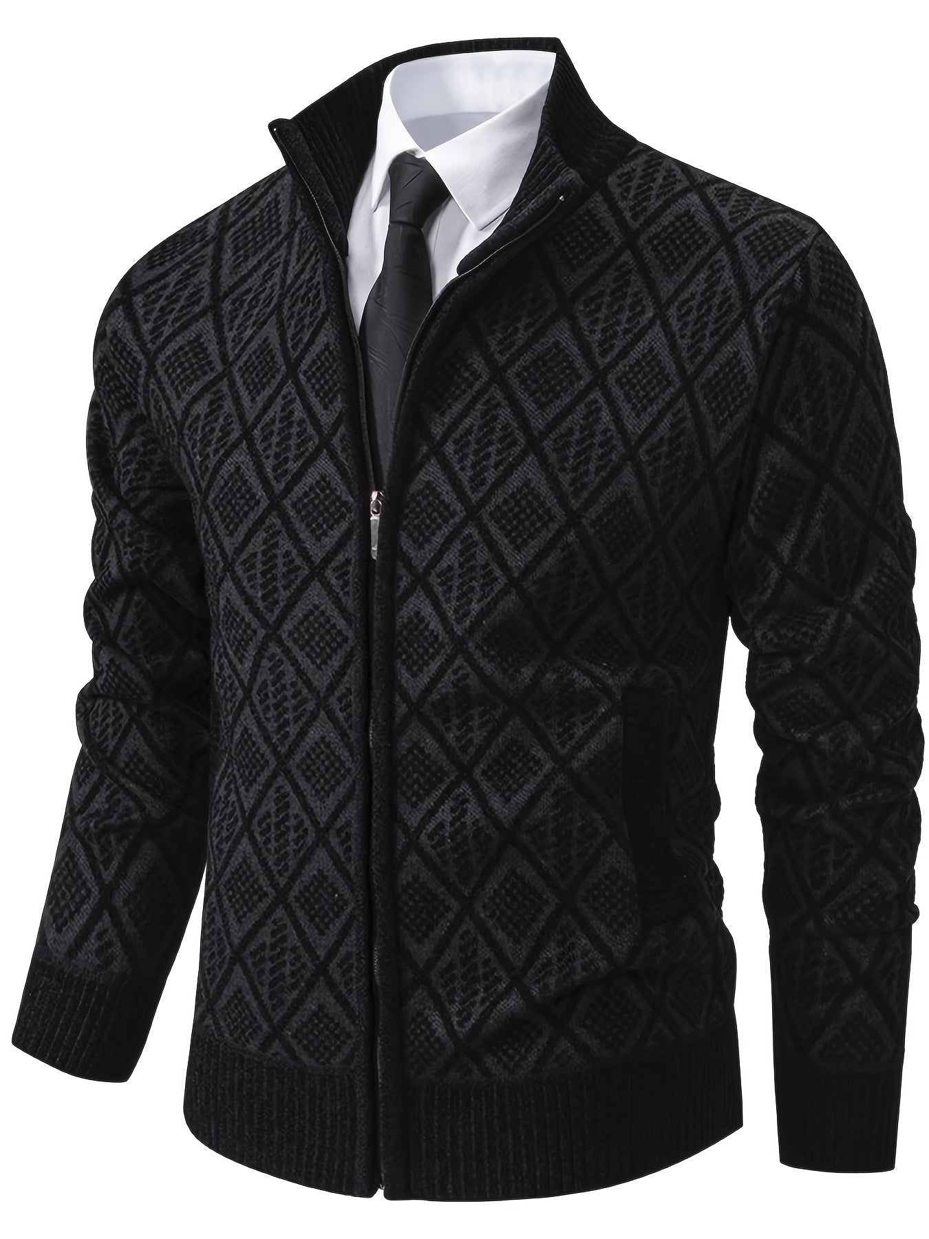 Herren Strickjacke Rautenmuster Stehkragen Reißverschluss Feinstrick Casual